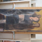 'Exponate mit Frau', 2000/24. 150x66cm, Acryl auf Lw.
